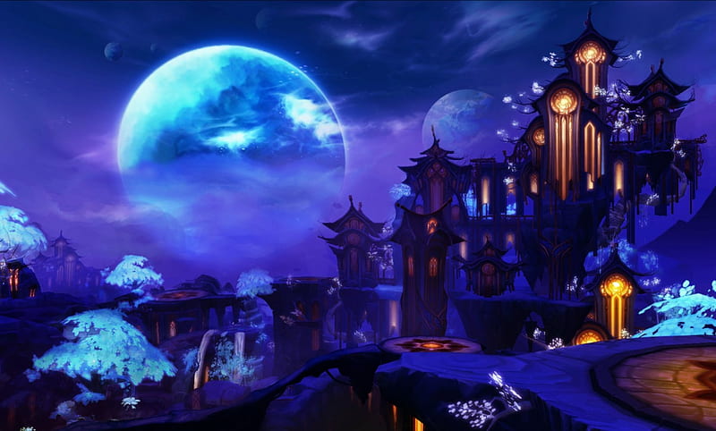 Fantasy Castle, art, fantasy, moon, full moon, castle, lights, night, HD wallpaper