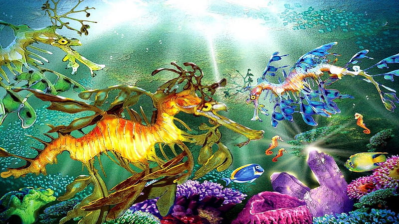 Dragons of the Sea, colors, leafy, sea, dragons, HD wallpaper