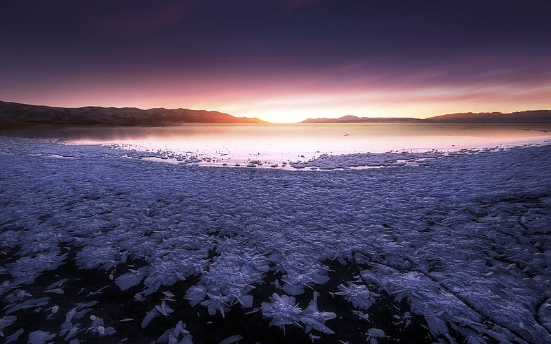 Winter icebergs ocean ice sunset landscape, HD wallpaper