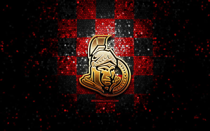 Ottawa Senators, glitter logo, NHL, red black checkered background, USA, canadian hockey team, Ottawa Senators logo, mosaic art, hockey, Canada, HD wallpaper