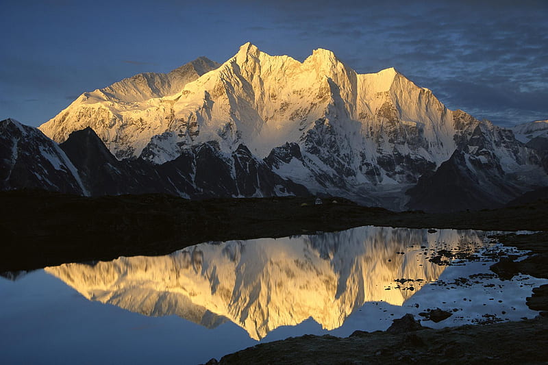 Mystical Mountain, mystical, summit, bonito, lake, winter, skies, mountain, snow, peak, nature, reflection, HD wallpaper