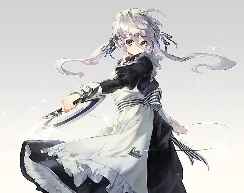anime girl, maid outfit, gray hair, twintails, Anime, HD wallpaper