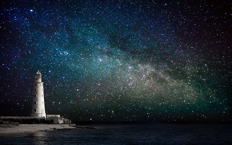 Stars Fill The Night, water, night, star, lighthouse, HD wallpaper