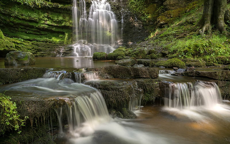 Scaleber Waterfall, England, rocks, waterfall, nature, england, HD wallpaper