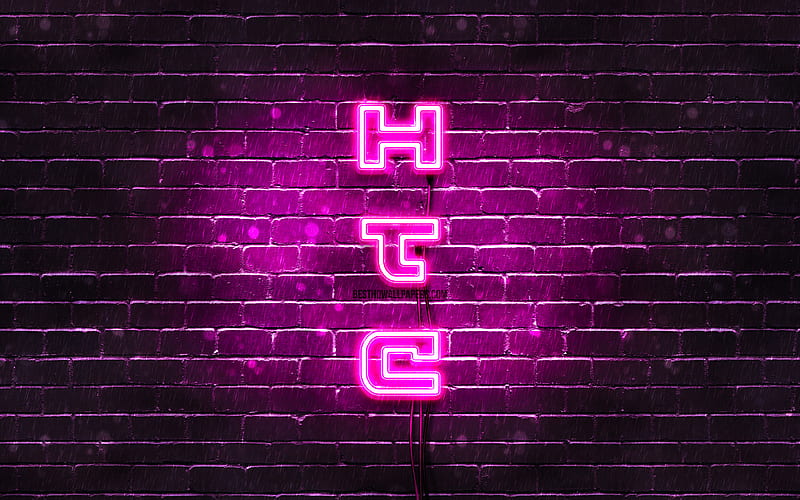 HTC purple logo, vertical text, purple brickwall, HTC neon logo, creative, HTC logo, artwork, HTC, HD wallpaper