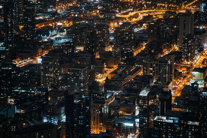 night city, city lights, aerial view, overview, buildings, HD wallpaper