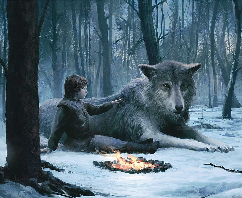Bran Stark and Summer, forest, art, game of thrones, iarna, winter, tree, boy, fantasy, painting, summer, bran stark, wolf, pictura, blue, joshua cairos, HD wallpaper
