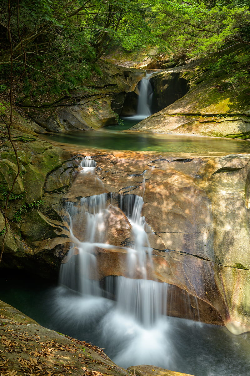 waterfall, landscape, stones, rocks, trees, HD phone wallpaper