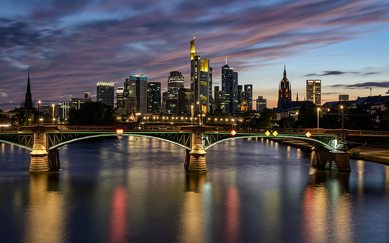 Deutschherrn bridge, Frankfurt am Main, Downtown, evening, sunset, skyscrapers, Frankfurt cityscape, Frankfurt panorama, Germany, HD wallpaper