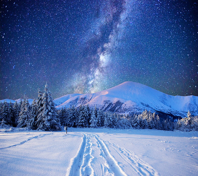 Winter, landscape, mountains, nature, night, sky, starry, HD wallpaper