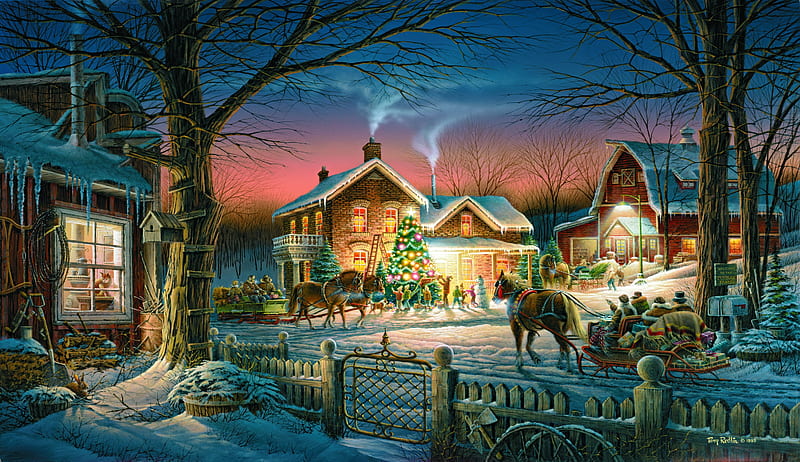 Trimming the tree, Christmas, art, cottages, dusk, bonito, fun, joy, winter, countryside, tree, snow, painting, peaceful, village, frost, HD wallpaper