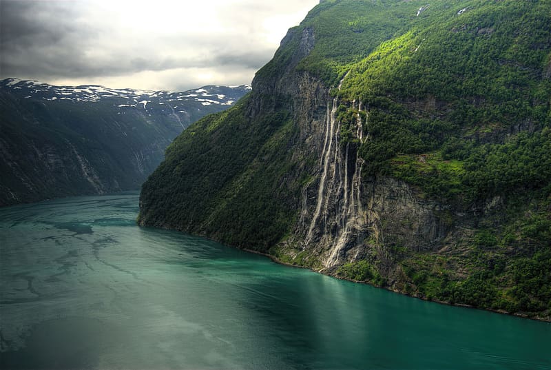 River, seven sisters, waterfall, Geirangerfjord, HD wallpaper