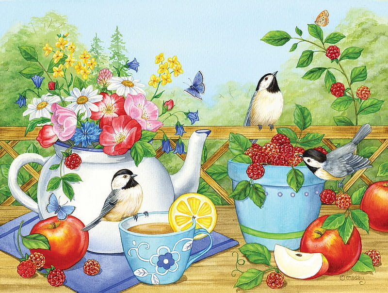Summer tea, art, apple, red, lemon, teapot, fruit, bird, painting, cup, pasari, garden, flower, pictura, blue, HD wallpaper