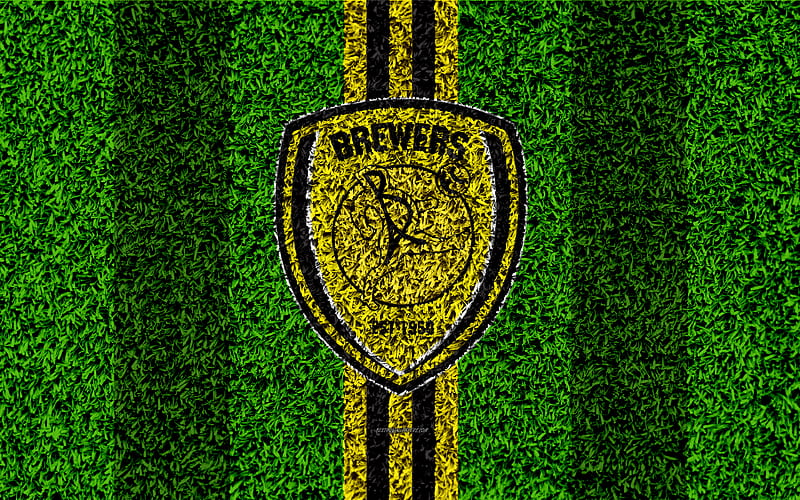 Burton Albion FC football lawn, logo, emblem, English football club, Football League Championship, yellow black lines, grass texture, Burton Upon Trent, England, football, HD wallpaper
