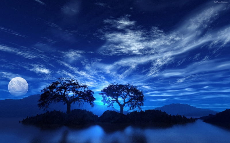 TWIN TREES, skies, moon, horizon, trees, clouds, HD wallpaper | Peakpx