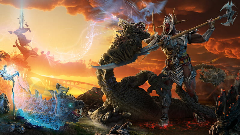 fantasy battle, bridge, lava, beast, magic, weapon, HD wallpaper