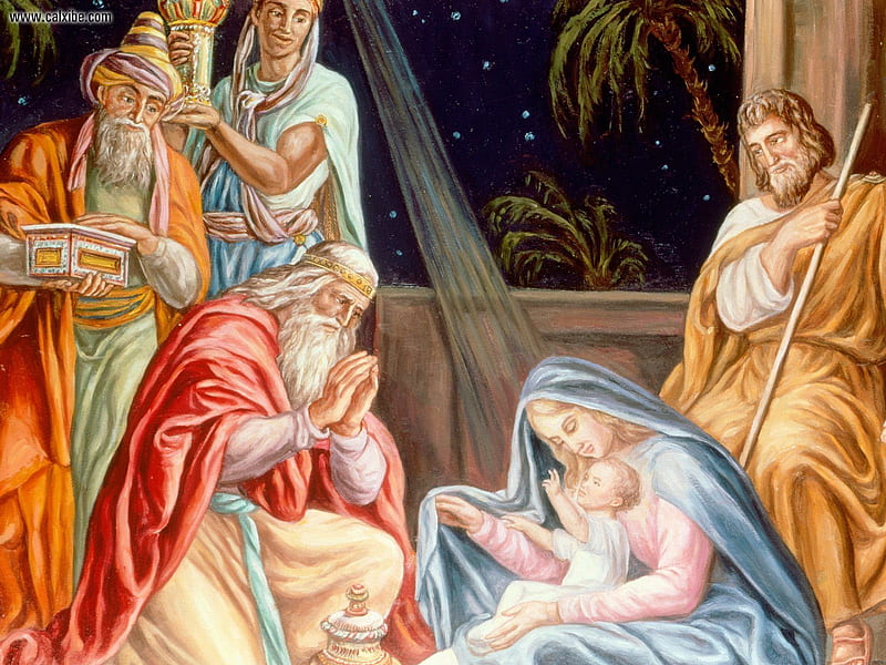 Adoration of the Wise Men, baby jesus, wise men, joseph, mary, HD wallpaper