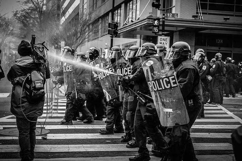 grayscale of police riot team on pedestrian lane, HD wallpaper