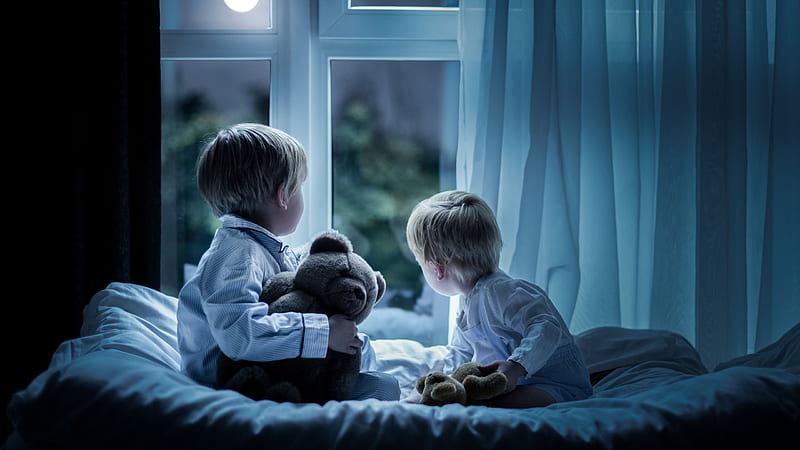 Two Cute Little Boys Are Sitting On Bed With Teddy Bear Near Window Cute, HD wallpaper