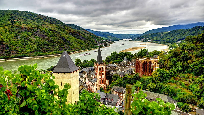 Bacharach Germany on the Rhine River, germany, town, clouds, building, mountain, city, ship, nature, river, HD wallpaper