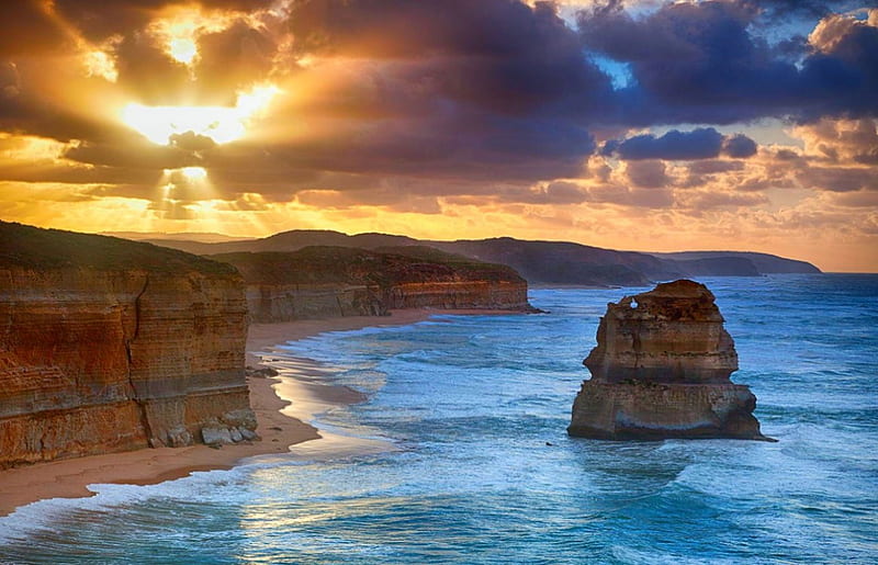 Sunrise On The Great Ocean Road, Apostle, bonito, sky, clouds, sea, beach, summer, cliff, coastline, sunrise, Australia, HD wallpaper