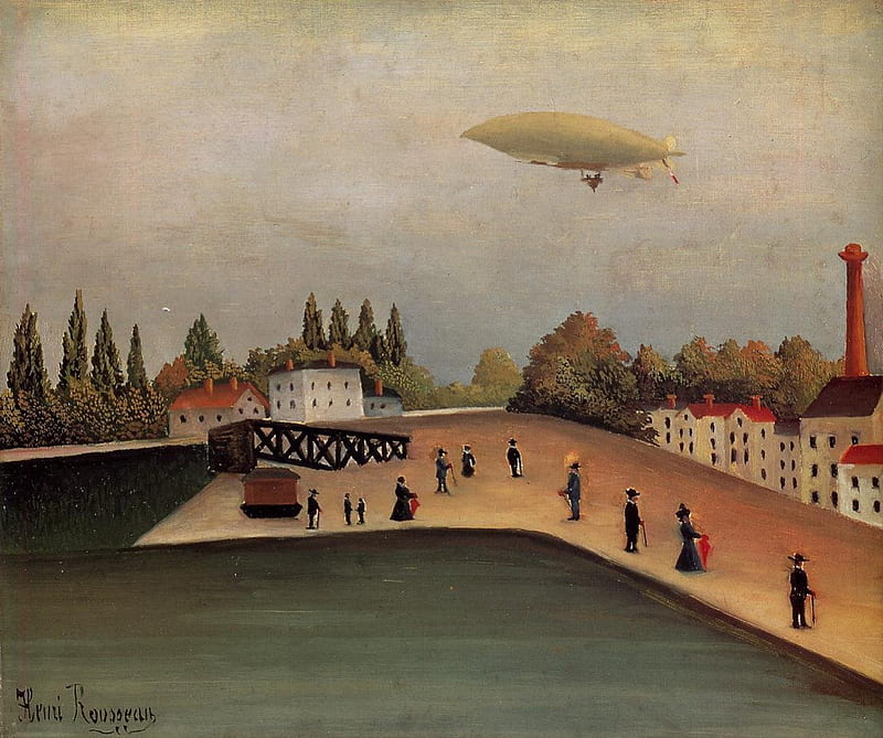Henri Rousseau ~ View of the Quai d'Ovry, art, house, naive, airship, abstract, tree, view of the quai d ovry, water, people, painting, aqua, henri rousseau, HD wallpaper
