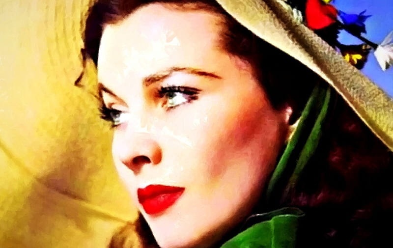 Vivien Leigh (oil painting), red, oil painting, art, gone with the wind, vivien leigh, scarlet, yellow, by cehenot, woman, hat, girl, green, actress, flower, beauty, HD wallpaper