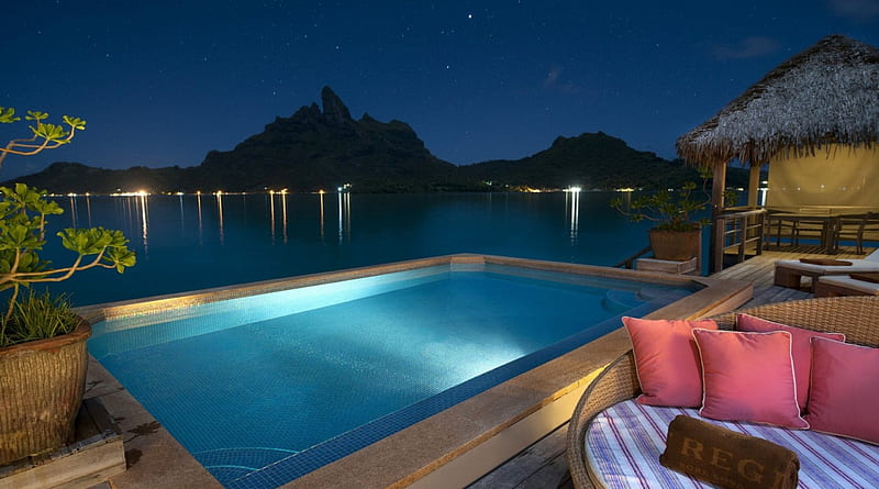 resort pool in bora bora at night, resort, stars, islands, bungalow, pool, night, HD wallpaper