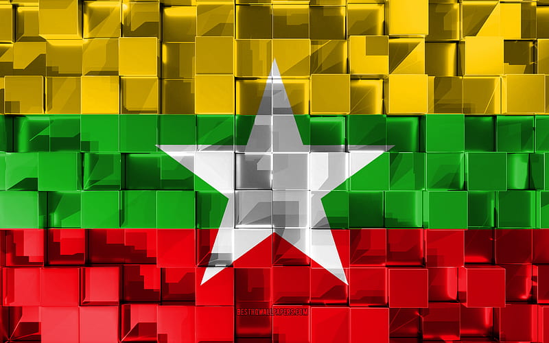 Flag of Myanmar, 3d flag, 3d cubes texture, Flags of Asian countries, 3d art, Myanmar, Asia, 3d texture, Myanmar flag, HD wallpaper