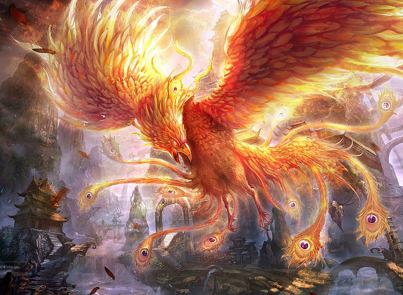 The Phoenix, city, wings, bird, phoenix, magnificent, HD wallpaper