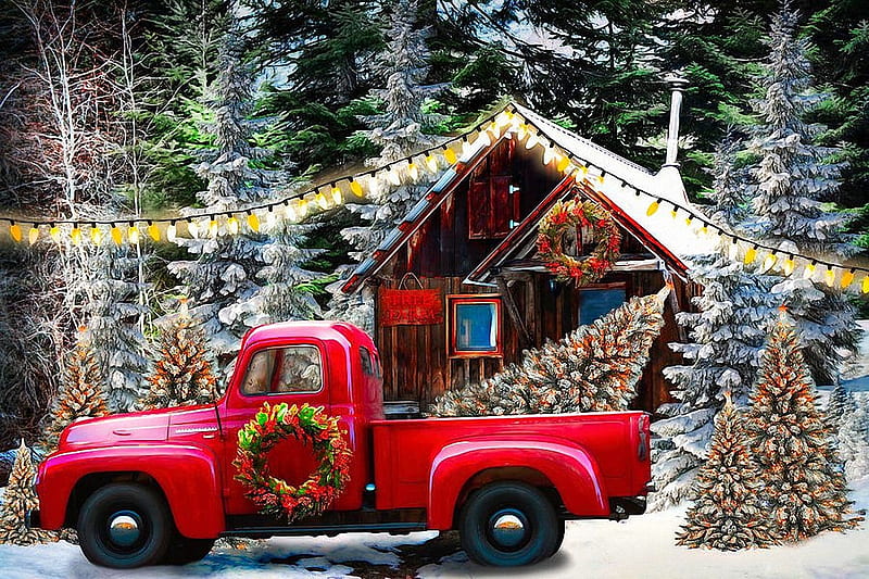 Christmas Tree Farm, watercolor, snow, painting, truck, cabin, trees, artwork, winter, HD wallpaper