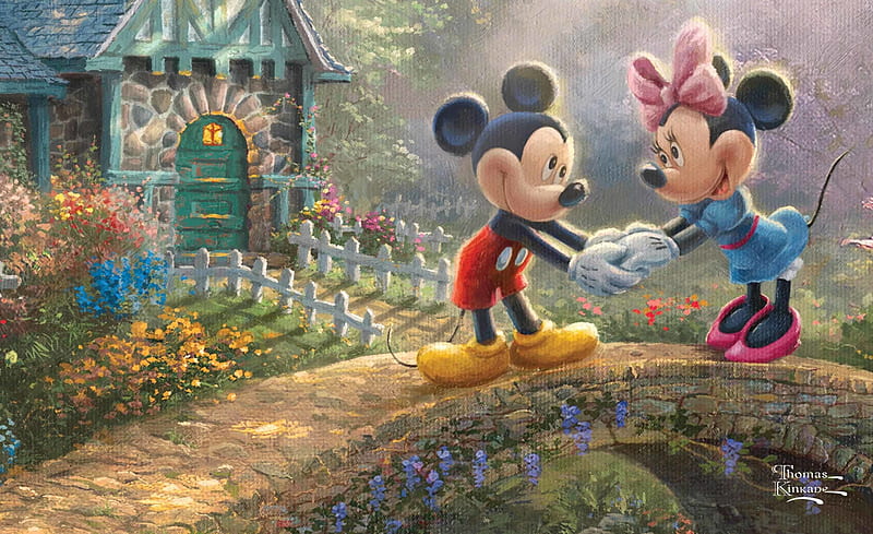Mickey Mouse and Minnie, art, fantasy, sweethearts, painting, pictura, thomas kinkade, disney, HD wallpaper