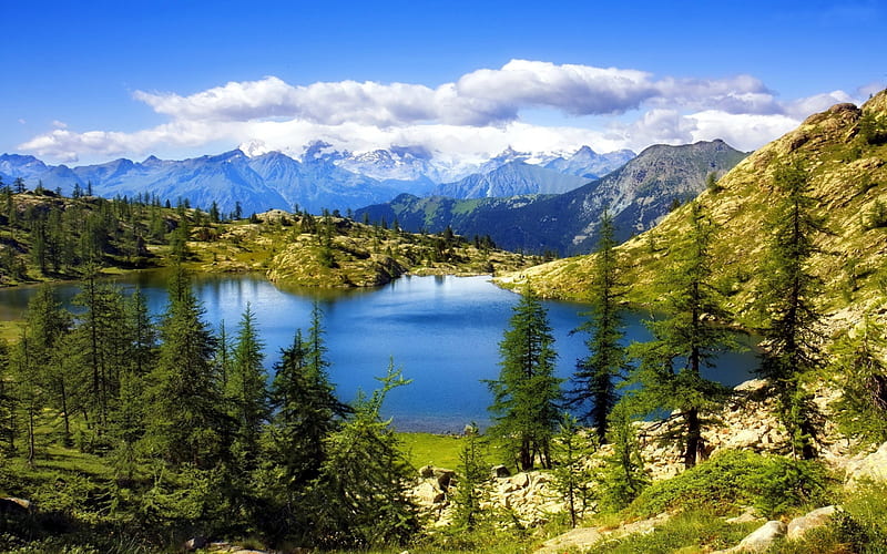 Lake Bianco, Switzerland, view, greenery, bonito, Switzerland, trees, sky, clouds, lake, mountain, summer, slope, blie, nature, landscape, HD wallpaper