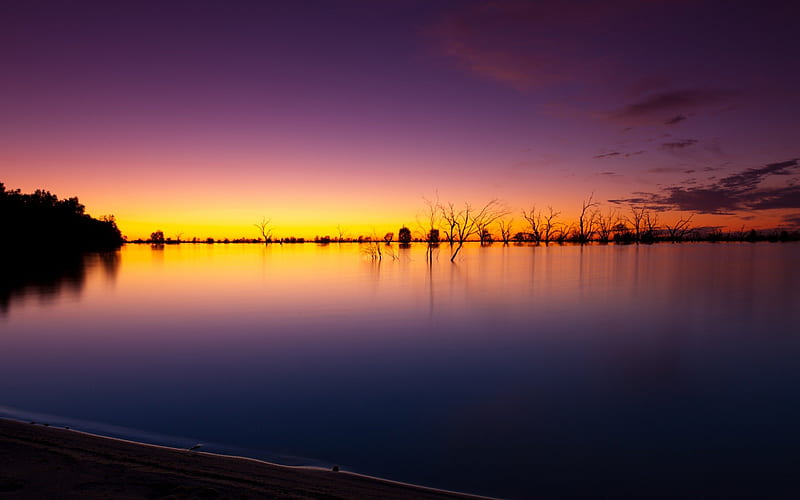 lake as smooth as glass at sunset, sunset, shore, smooth, lake, HD wallpaper
