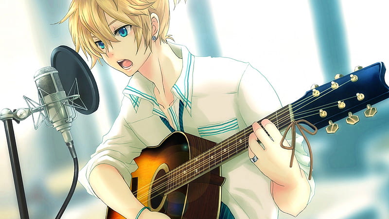 Kagamine Len, vocaloid, guitar, blonde hair, blue eyes, HD wallpaper