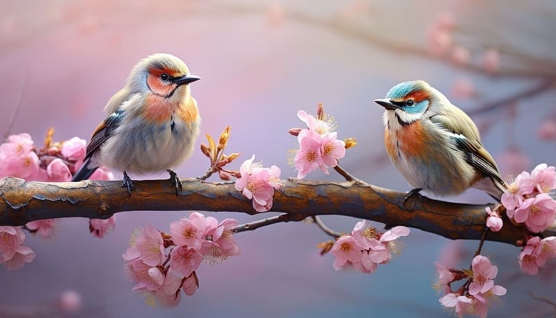 Two colorful birds on a flowery branch, madarak, rozsaszin, ketto, ag, faag, viragok, szines tollazat, HD wallpaper