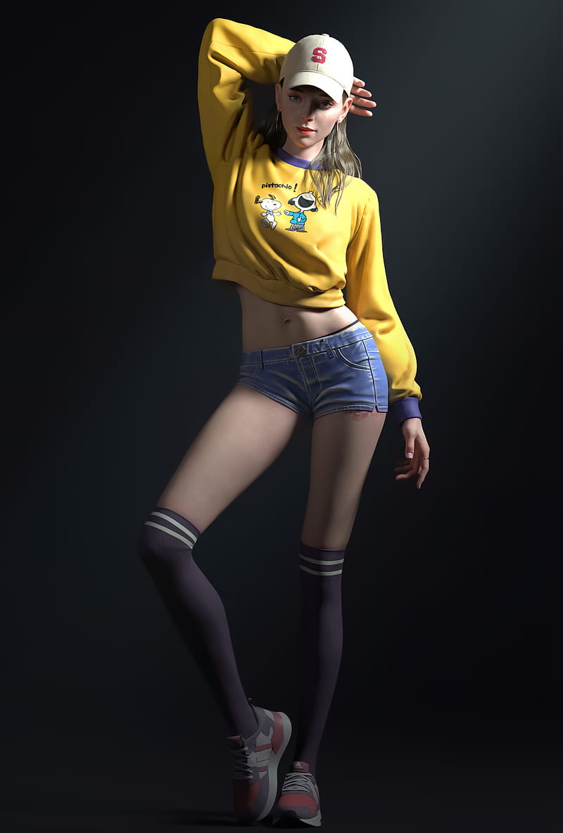 Hai Sheng, women, baseball caps, blouse, yellow clothing, jeans, shorts, sneakers, standing, socks, legs, belly, arms up, simple background, 3D, render, purple socks, OTK socks, striped socks, pointed toes, people, short shorts, jean shorts, HD phone wallpaper