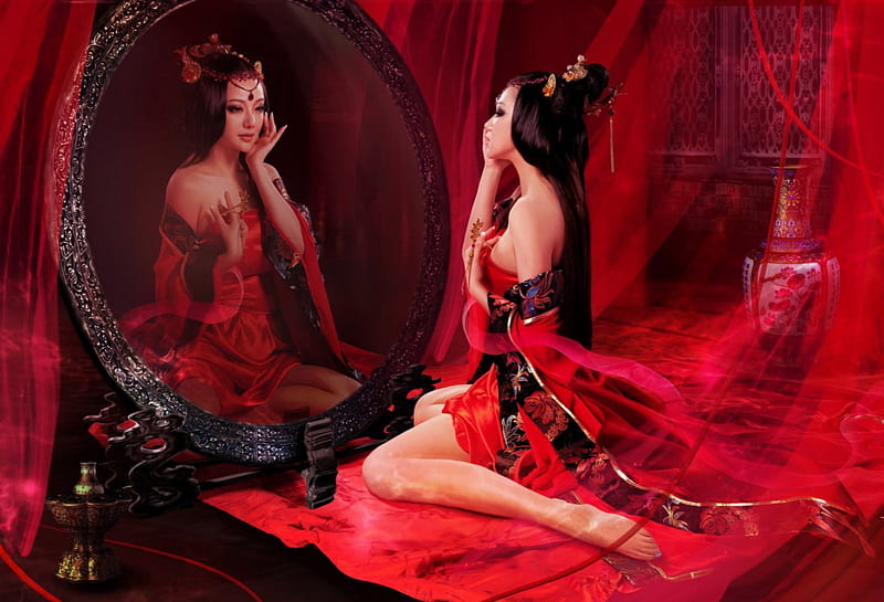 I am Beautiful..., red, dress, girl, mirror, bonito, admiration, room, HD wallpaper