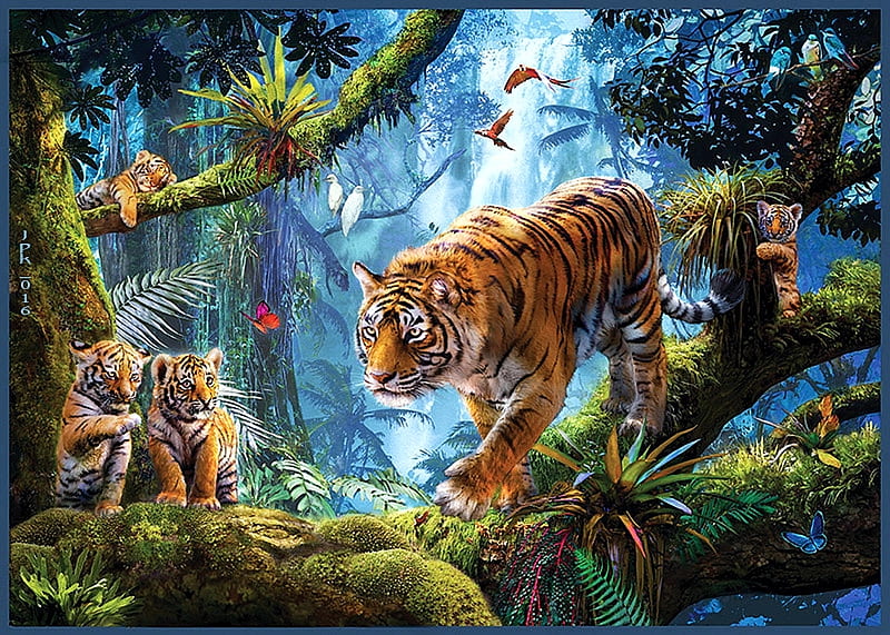 Tigers on Tree, family, painting, jungle, waterfall, parrot, cubs, artwork, HD wallpaper