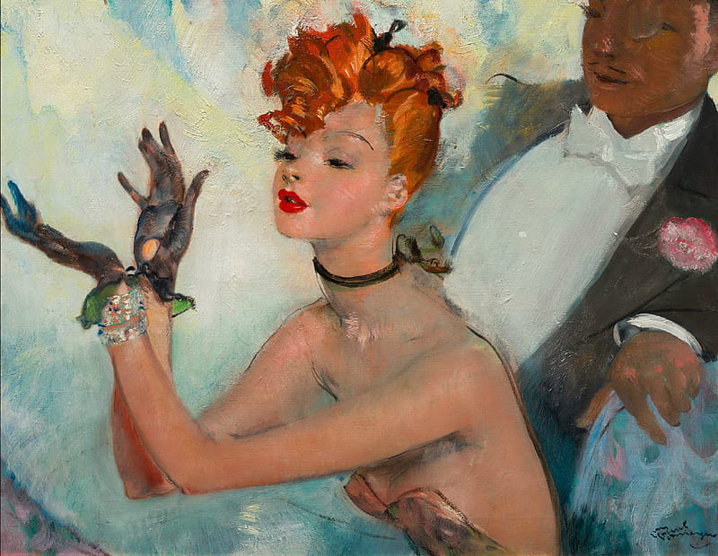 Applause, art, girl, redhead, painting, hand, theatre, jean gabriel domergue, HD wallpaper