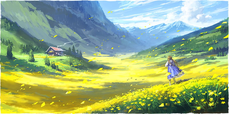 anime landscape, anime girl, wind, twintails, petals, yellow flowers, Anime, HD wallpaper