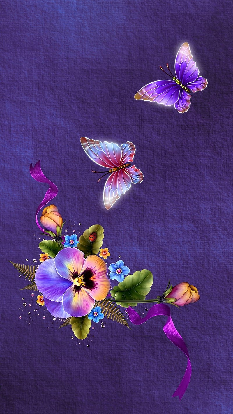 Beautiful BACKGROUND, orchids, painting, flowers, butterfly, purple, nice, pretty, girly, art, HD phone wallpaper