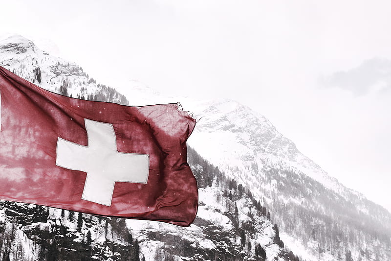 white and red cross flag in front of snow covered mountains, HD wallpaper