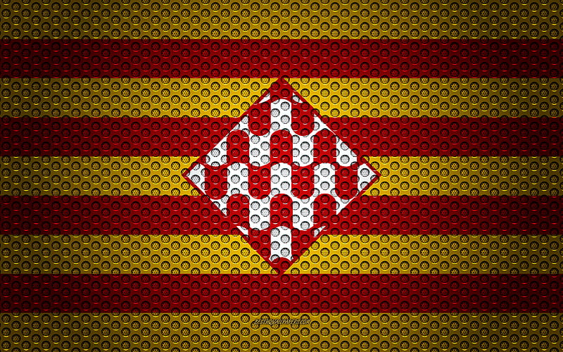 Flag of Girona creative art, metal mesh texture, Girona flag, national symbol, provinces of Spain, Girona, Spain, Europe, HD wallpaper