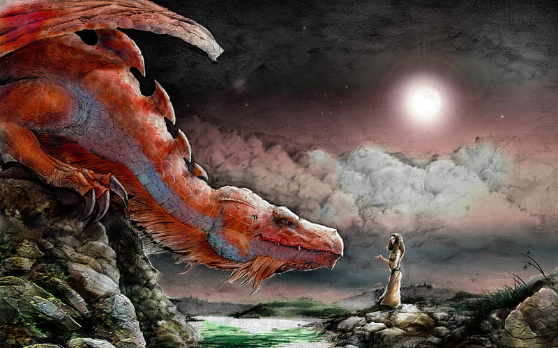 friendly dragon, art, fantasy, woman, dragon, HD wallpaper