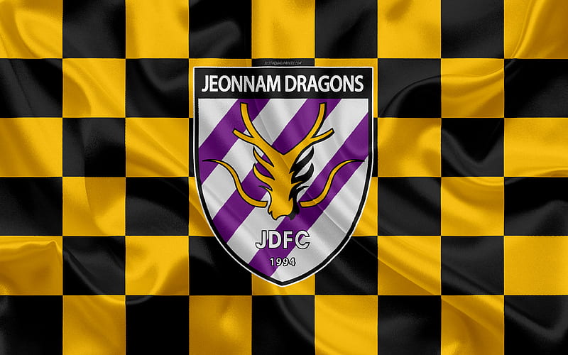 Jeonnam Dragons FC logo, creative art, yellow-black checkered flag, South Korean football club, K League 1, silk texture, Gwangyang, South Korea, football, HD wallpaper