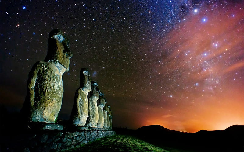 Easter Island Monuments, nighttime, easter island, stars, islands, monuments, HD wallpaper