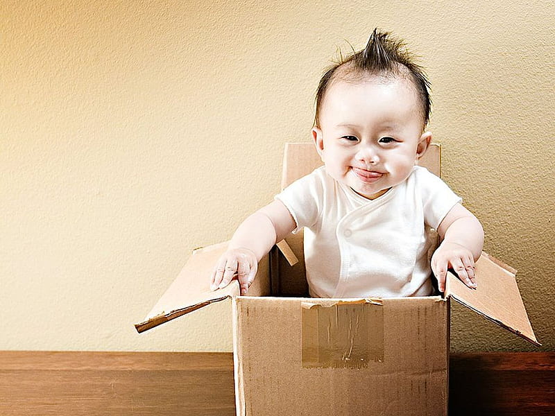 Give me some space, laugh, box, smile, baby, happy, HD wallpaper