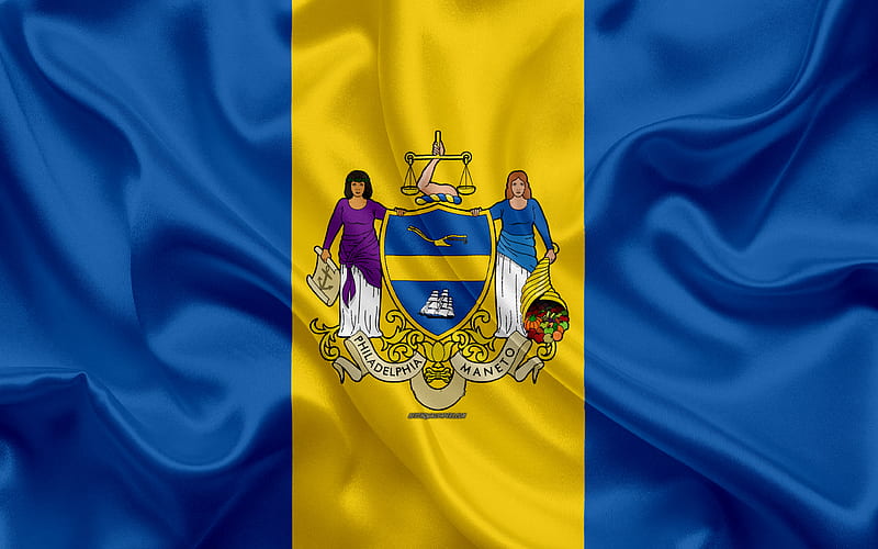 Flag of Philadelphia silk texture, American city, blue yellow silk flag, Philadelphia flag, Pennsylvania, USA, art, United States of America, Philadelphia, HD wallpaper