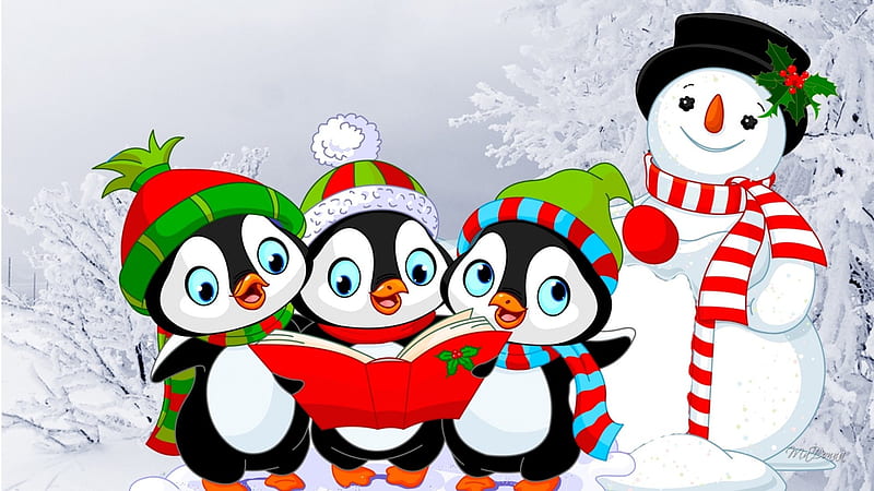 Winter Music, Christmas, music, snowman, penguins, singing, Firefox Persona theme, carolers, winter, HD wallpaper
